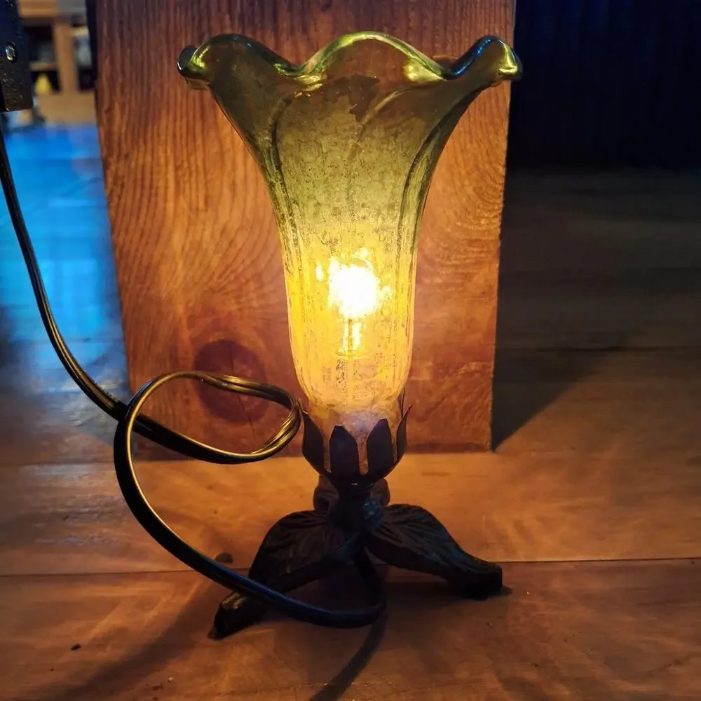 Hand Blown Mercury Glass Lily Lamp w/ Leaf Base green yellow funky fairy decor
